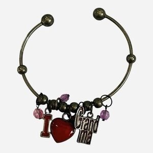 I Love Grandma Silver Tone Cuff Bangle Bracelet Red Heart Pink Beads Gift